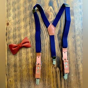 Kids (Boys) Navy and Leather Suspenders with Rust Bow Tie